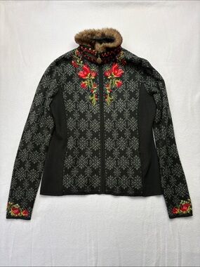 icelandic designs size medium wool blend embroidered zip up sweater floral black